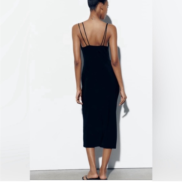 ZARA stretchy Black Slip Dress draped neckline ruched side - Picture 2 of 5